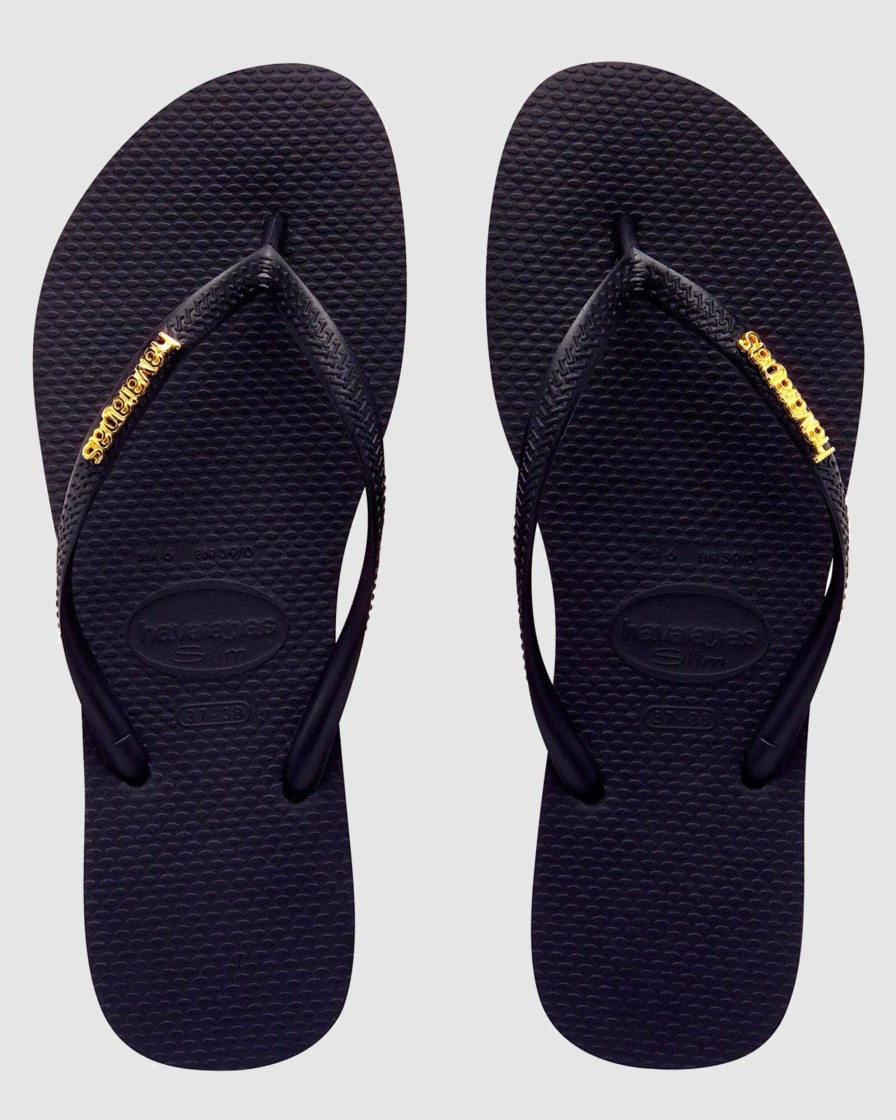 Women HAVAIANAS Sandals | Slim Metal Logo Black/Gold