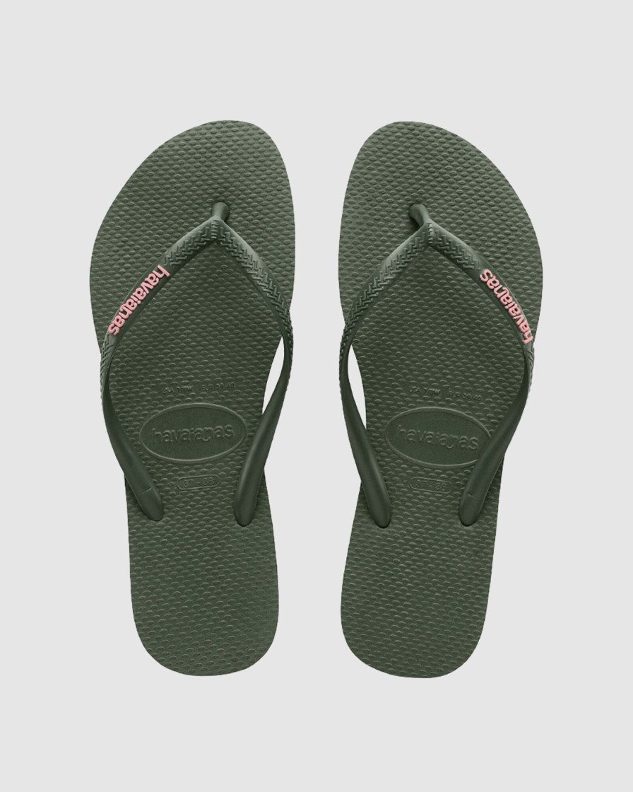 Women HAVAIANAS Thongs | Slim Rubber Logo Green Olive/P