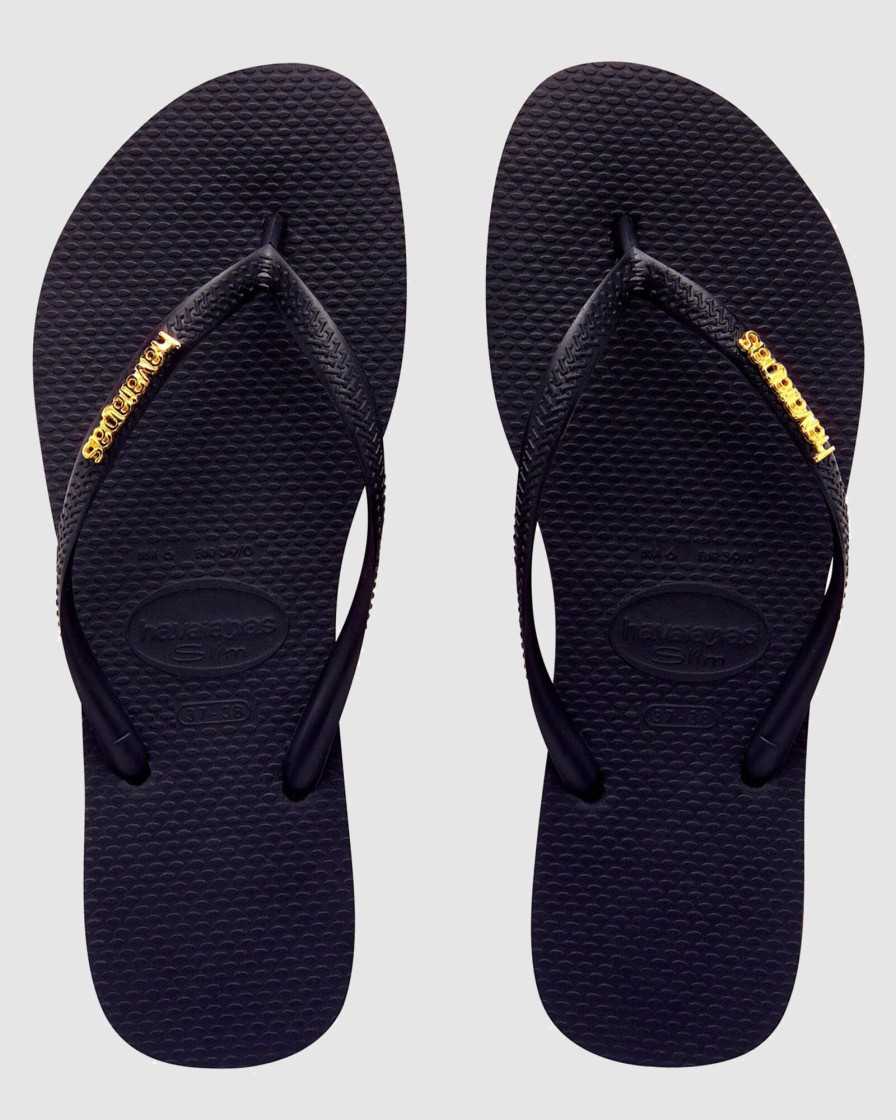 Women HAVAIANAS Thongs | Slim Metal Logo Black/Gold