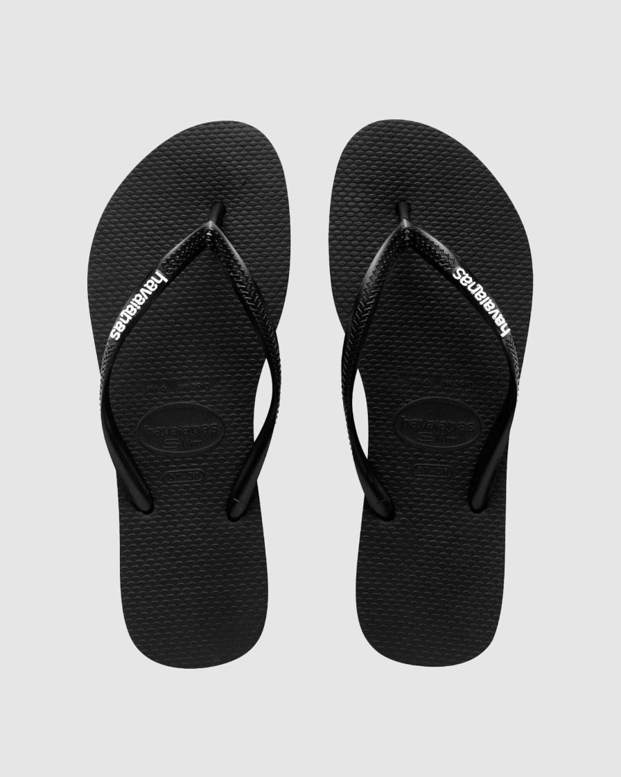 Women HAVAIANAS Slides | Slim Rubber Logo Black/White